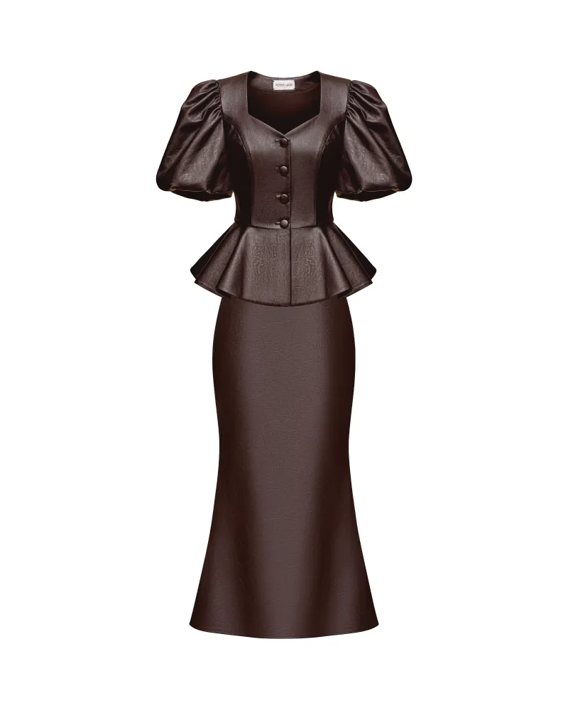 Джуди-Керелин миди (Judy-Kerelin midi), комплект жакет и юбка миди из шоколадной экокожи