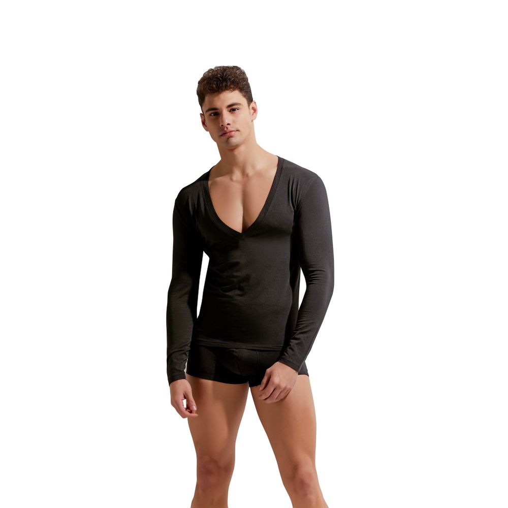 Мужской лонгслив черный с глубоким V-вырезом GAUVINE 5004