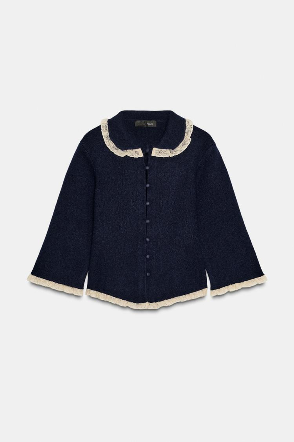 ZARA КАРДИГАН С КРУГЛЫМ ВОРОТНИКОМ И КРУЖЕВОМ, МОРСКОЙ СИНИЙ