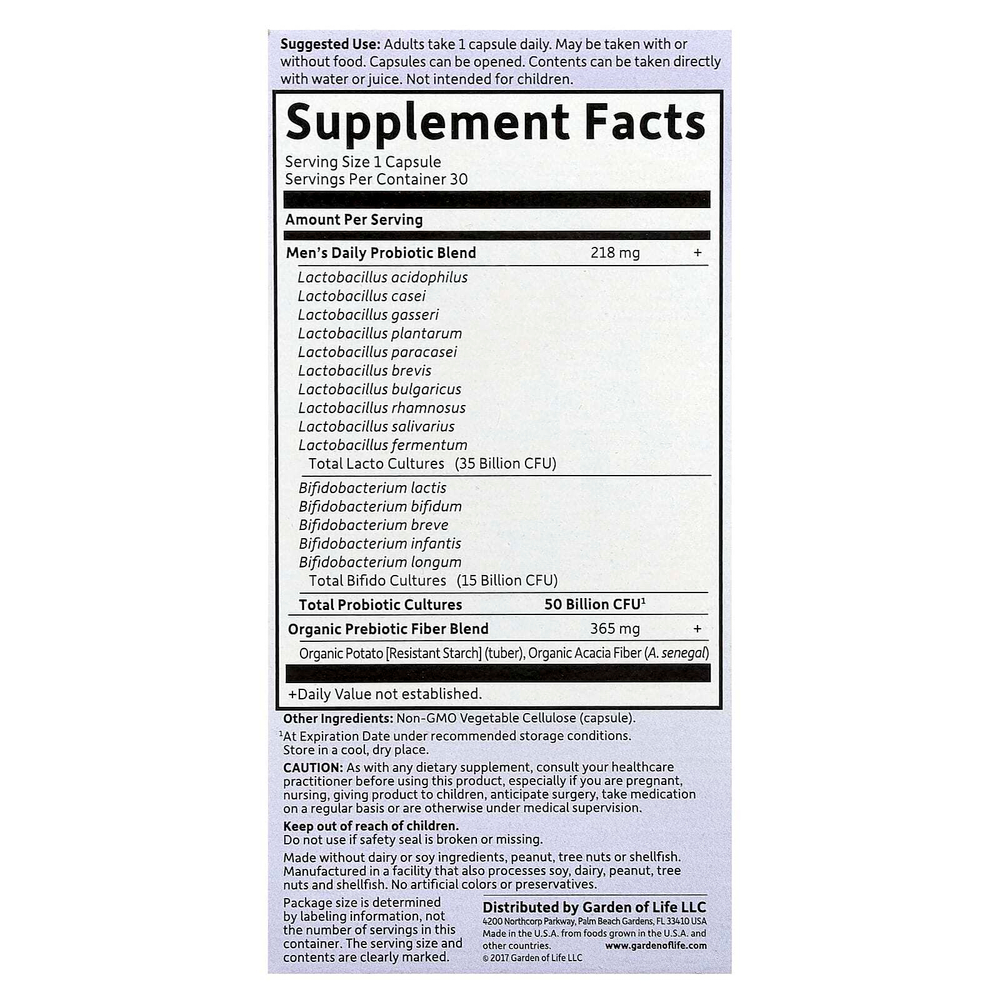 Garden of Life, Dr. Formulated Probiotics, пробиотики, одна таблетка в день для мужчин, 50 миллиардов бактерий,30 растительных капсул
