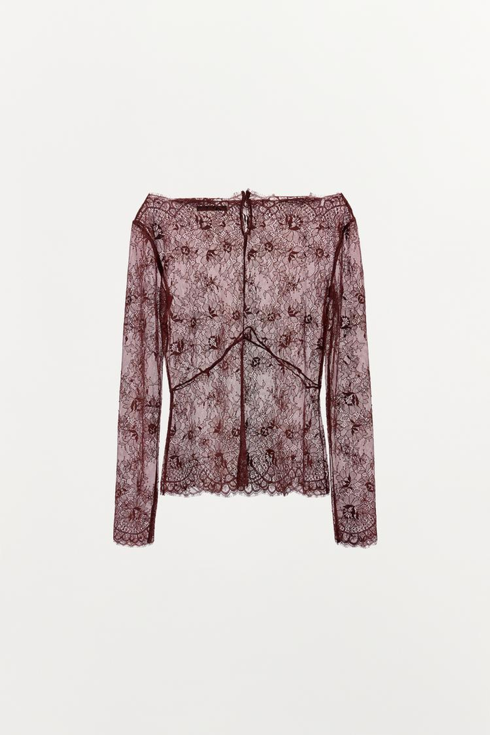 ZARA БЛУЗА ИЗ ПОЛУПРОЗРАЧНОГО КРУЖЕВА, ГРАНАТОВЫЙ