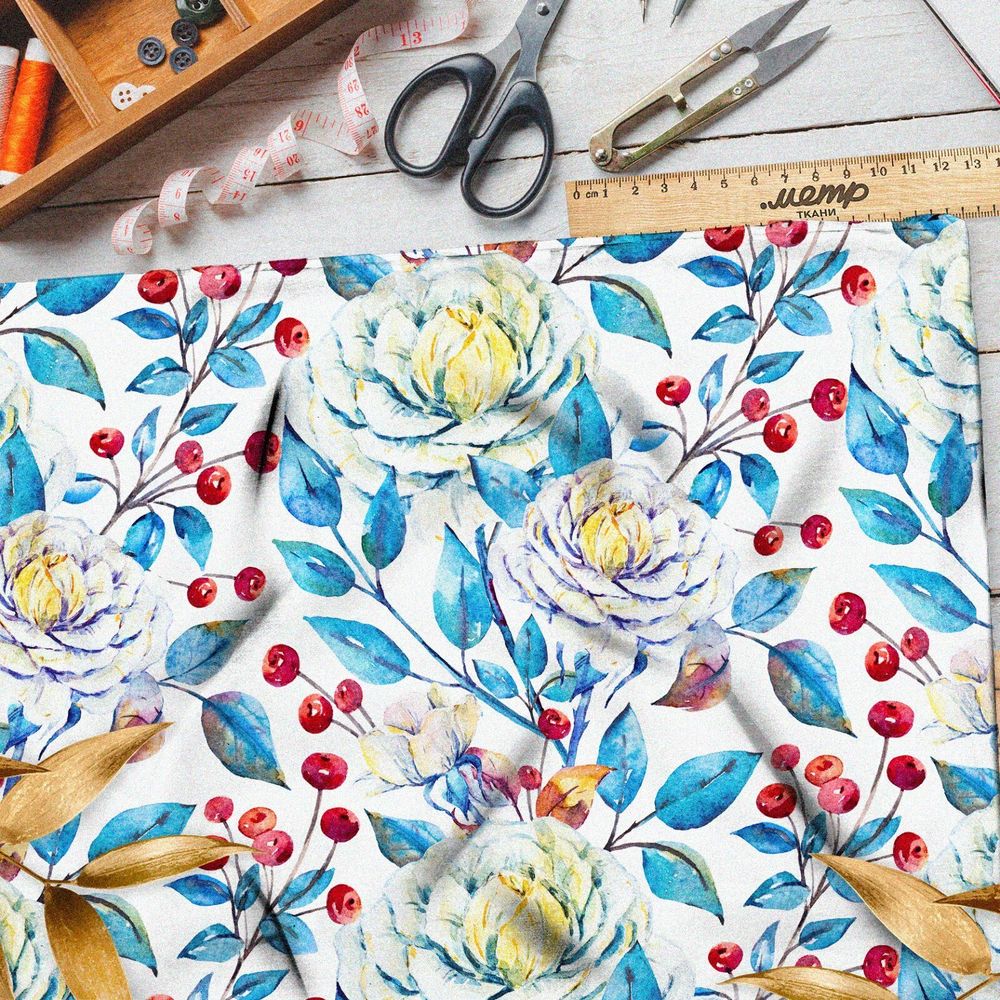 Ткань барби голубые цветки с белым соцветием