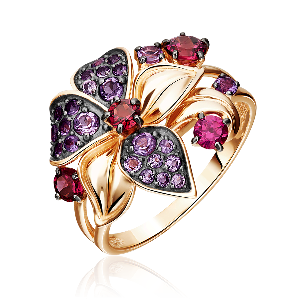 Кольцо «Дикая орхидея» из красного золота с гранатами и аметистами