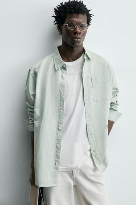 ZARA РУБАШКА КЛАССИЧЕСКОГО КРОЯ ИЗ ЛЬНА И ХЛОПКА, ВОДЯНИСТО-ЗЕЛЕНЫЙ