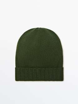 Massimo Dutti Шапка бини из 100% кашемира в рубчик с отворотом, фисташковый