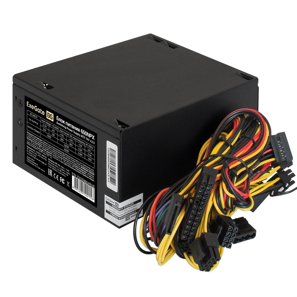 Блок питания Exegate EX259604RUS Блок питания 650W Exegate 650NPX, ATX, black, 12cm fan, 24p+4p, 6/8p PCI-E, 4*SATA, 2*IDE, FDD