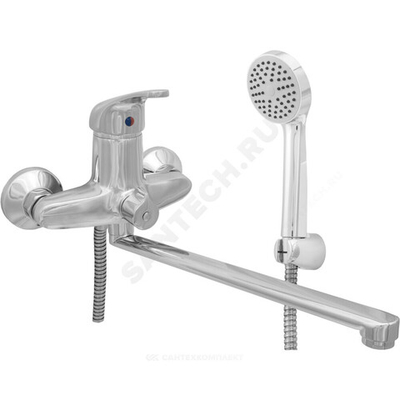 Смеситель для ванны с душем одноручный плоский излив, душевой шланг н/ж сталь, хромированная пластиковая лейка и кронштейн Престиж ЦС-СМ 300-4 М-42 Центр Сантехники (Подольск) ПП800026