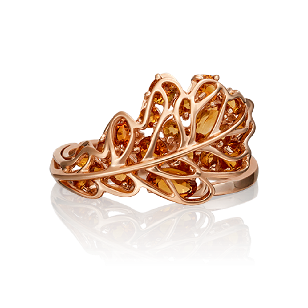 Кольцо «Дубовый лист» из красного золота с цитринами