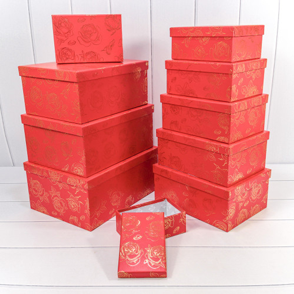 Коробка 34х26х15.3 см Набор 10 шт "Розы" с тиснением (Красный)