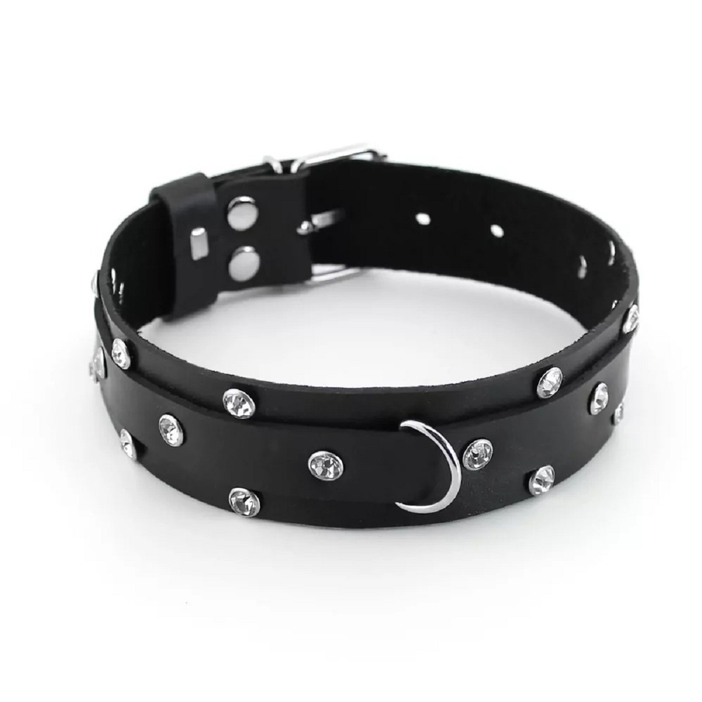 Ошейник со стразами и поводком цепочкой кожа черный