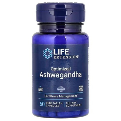 Life Extension, оптимизированная ашваганда, 60 вегетарианских капсул (125 мг в 1 капсуле)