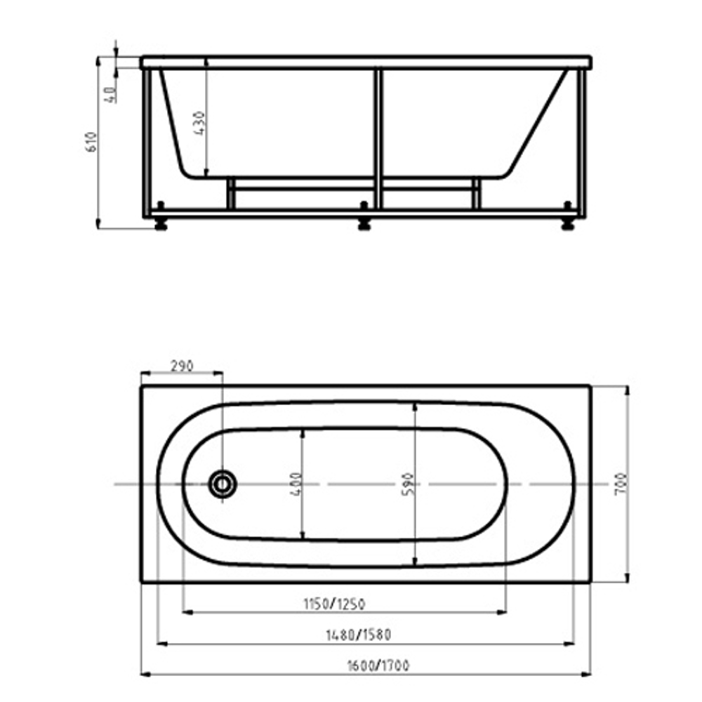 Акриловая ванна Aquatek (Акватек) Оберон 160х70, с каркасом, с фронтальной панелью, со сливом-переливом