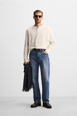 ZARA ФУТБОЛКА ИЗ РЕЛЬЕФНОЙ ТКАНИ С ВОРОТНИКОМ И ПУГОВИЦАМИ, ЭКРЮ