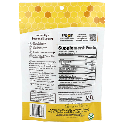 Wedderspoon, пастилки с медом манука, лимон и имбирь, 18 шт., 74 г (2,6 унции)