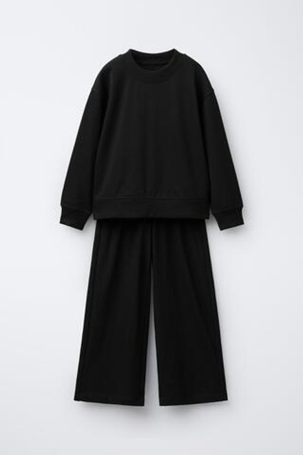 ZARA КОМПЛЕКТ ИЗ ТОЛСТОВКИ И БРЮК WIDE LEG ИЗ ФЛИСА, ЧЕРНЫЙ
