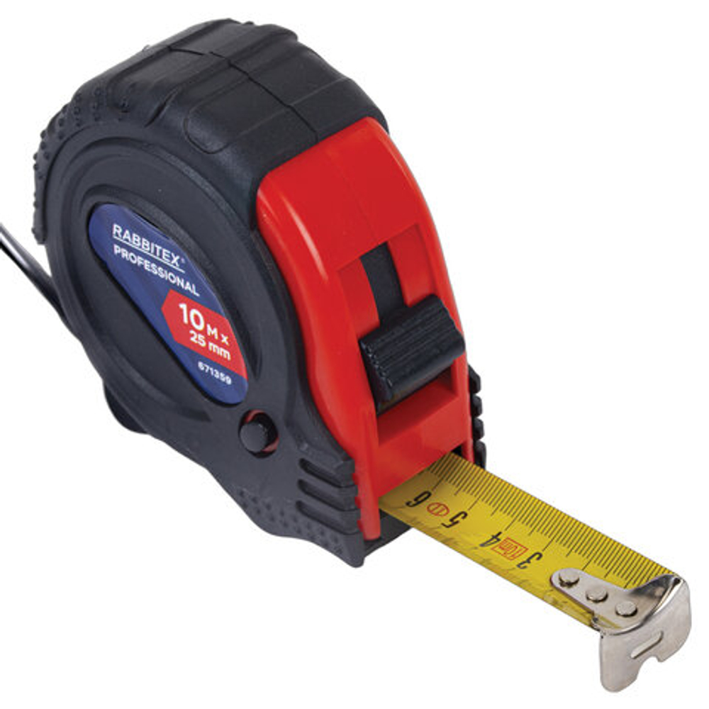 Рулетка измерительная 10 м х 25 мм, обрезиненный корпус, 3 фиксатора, RABBITEX (РАББИТЕКС) Professional, 671359