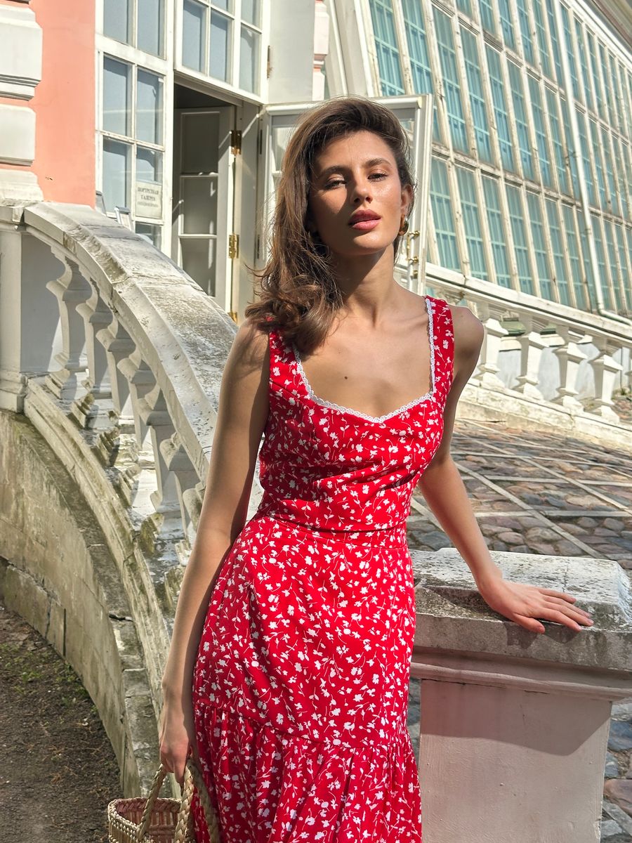 Юбка из софта макси красная в цветок