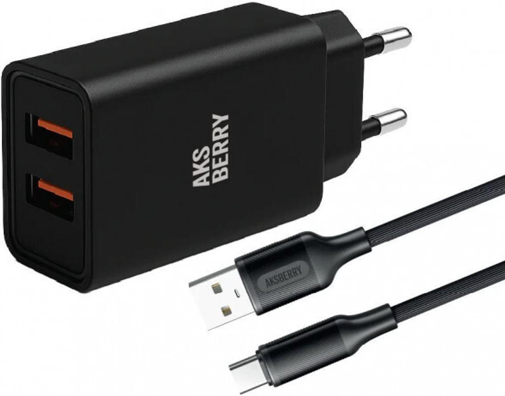 Зарядное уст. Aksberry T38 2 USB+ кабель Type-C черный