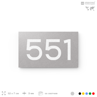 Номер на дверь 551, табличка на дверь для офиса, квартиры, кабинета, аудитории, склада, серая 120х70 мм, Айдентика Технолоджи