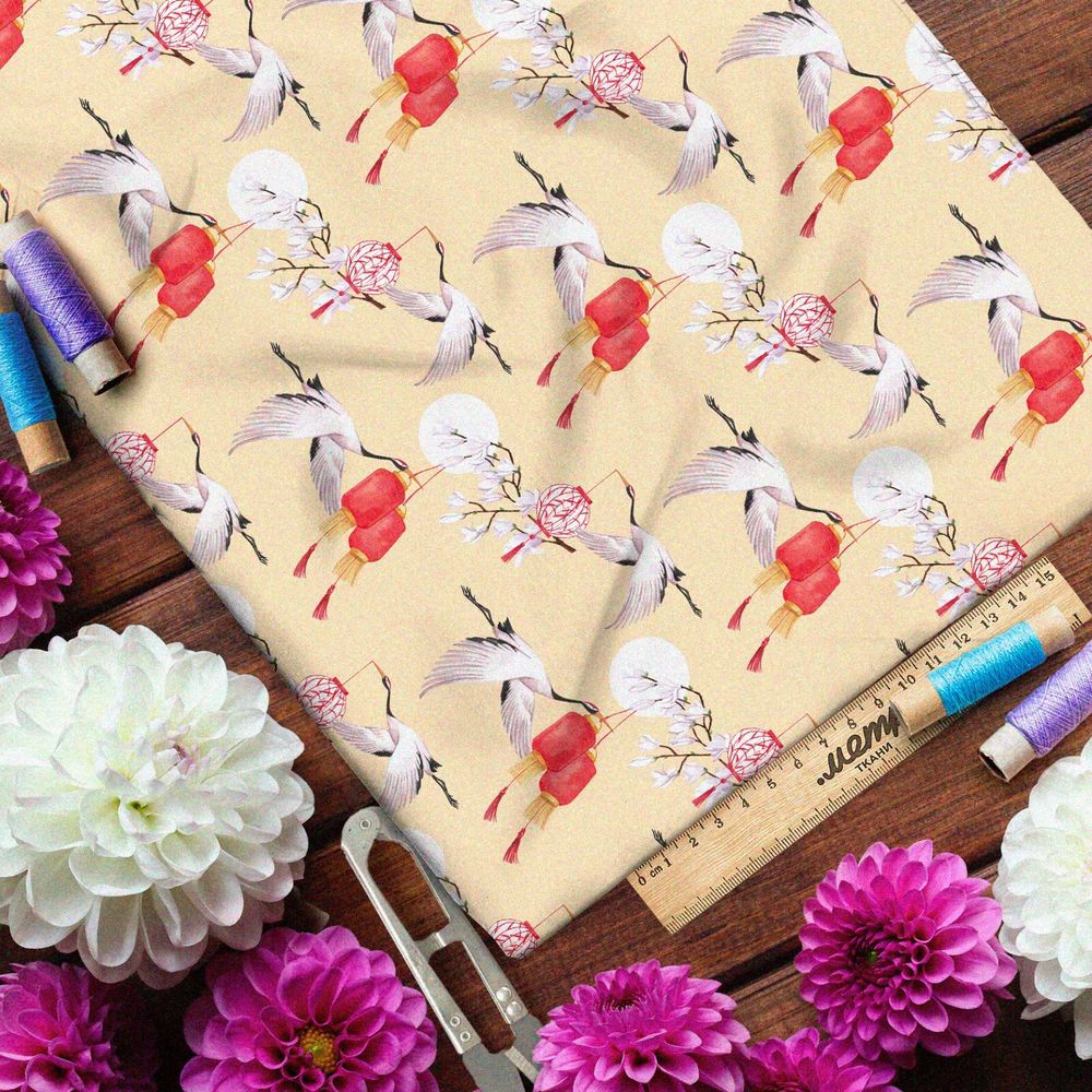 Ткань футер 2-х нитка летящие аисты и красные фонари на ветвях