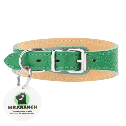Ошейник-селедка Mr.Kranch для собак из натуральной кожи с QR-адресником 29-35см зеленый