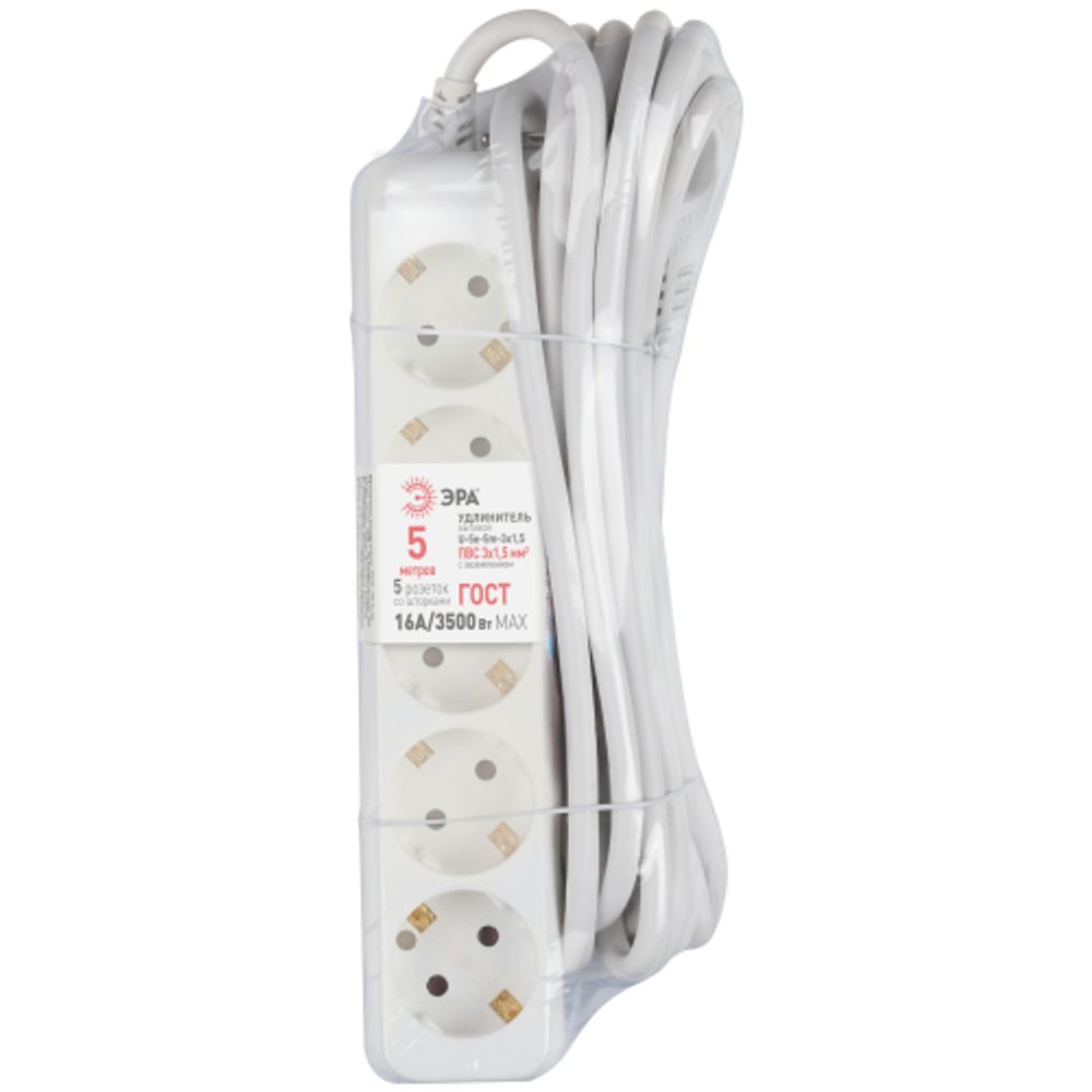 Удлинитель электрический ЭРА U-5e-5m-3x1,5 с заземлением 5 розеток 5м ПВС 3x1,5мм2 16А