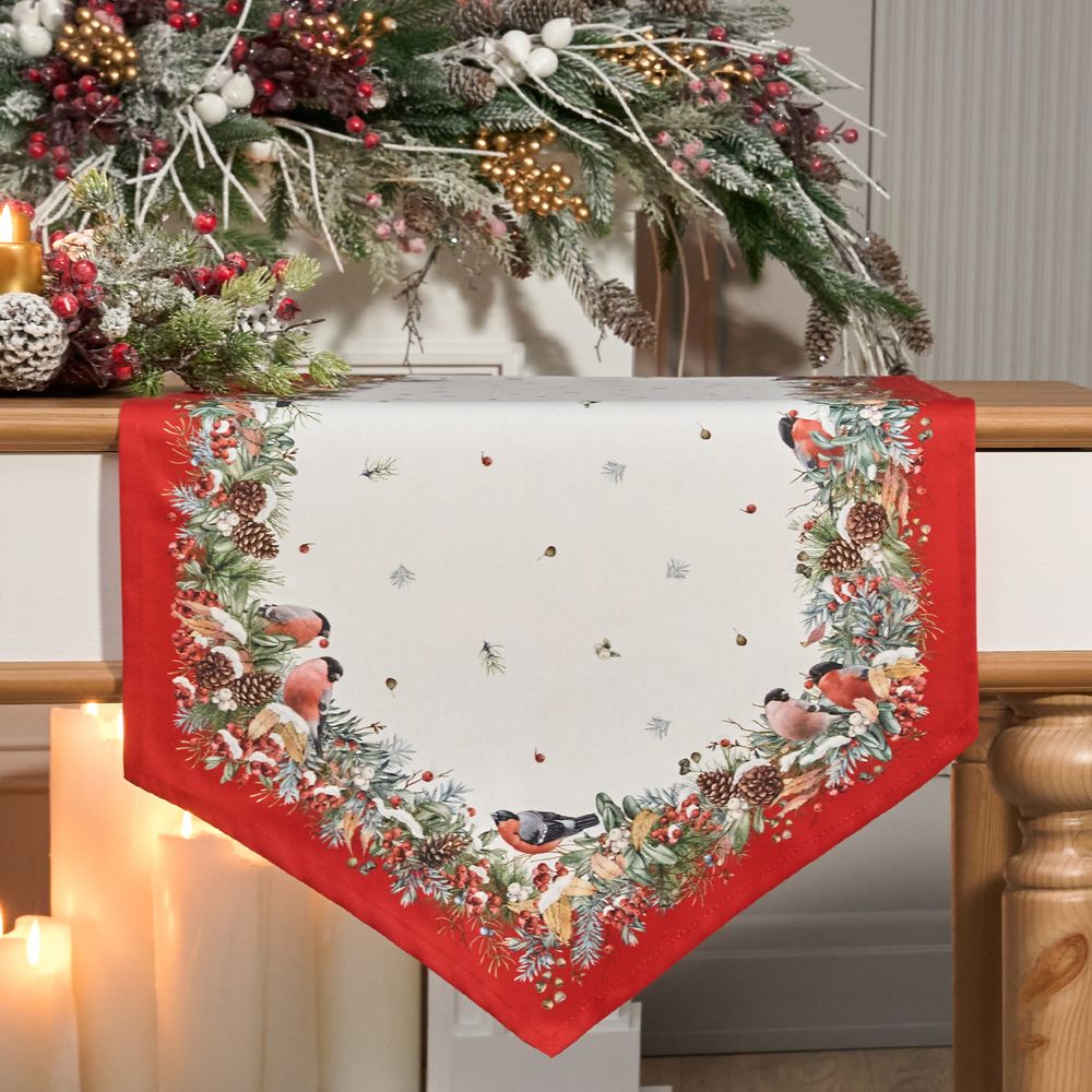 ДОРОЖКА "МОРОЗКО.СНЕГИРИ" 45Х145СМ ,КРАСНЫЙ, 100% ХЛОПОК,ТВИЛ ПРОПИТКА