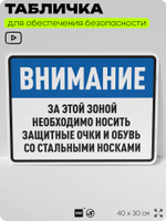 Табличка для обеспечения безопасности "За этой зоной необходимо носить защитные очки и обувь", для производства, предприятия, организаций, 40х30 см, Silver Plane x Айдентика Технолоджи