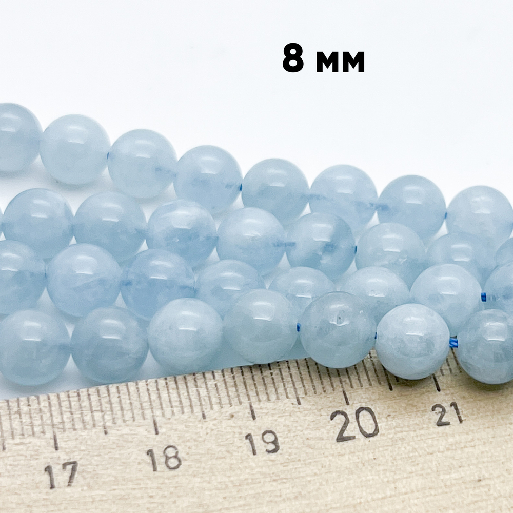 Аквамарин бусины, диаметр 8,4-8,6 мм, цена за 11 шт (1/4 нити)