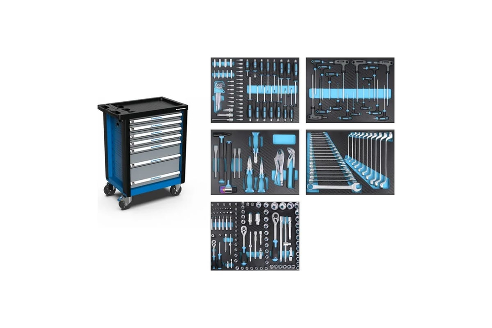 Тележка инструментальная AutoMeister 7 ящиков (RAL5015/RAL7040) с набором инструмента 218 предметов 79481