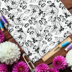 Ткань оксфорд 210 эскиз кофейных листьев и зёрен