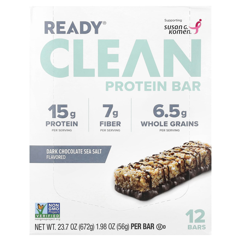 Ready, Clean Protein Bar, темный шоколад с морской солью, 12 батончиков, 56 г (1,98 унции)