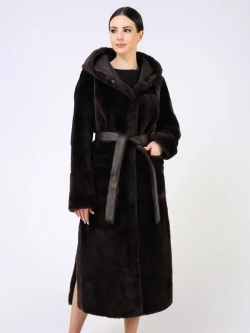 Дубленка зимняя шуба натуральная с капюшоном длинная