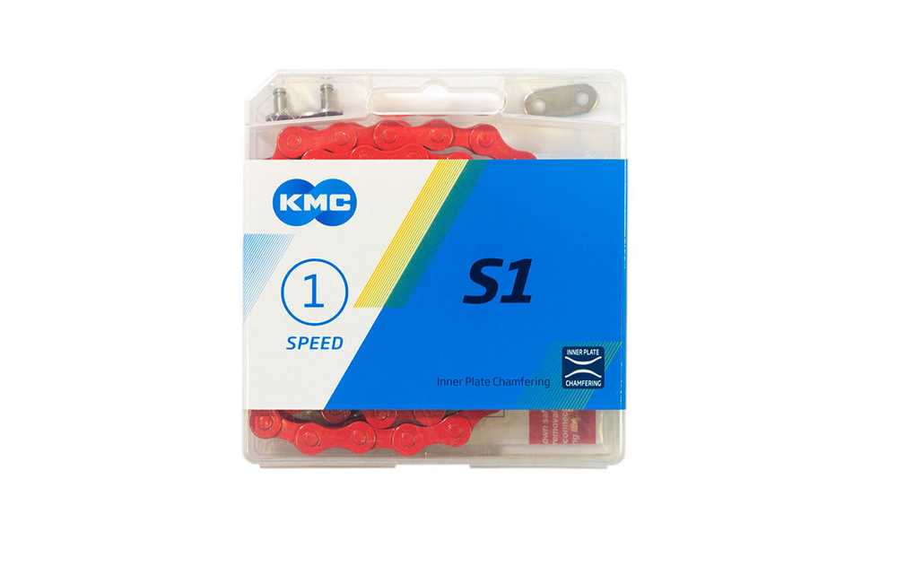 Цепь KMC S1 для 1 скорости, 1/2"х1/8", 112 звеньев, пин 8.6мм, с замком, красная