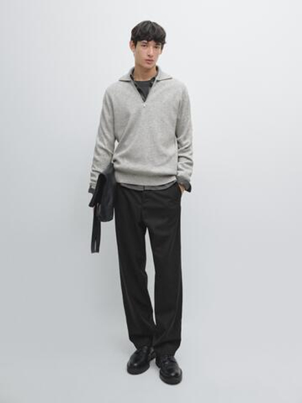 Massimo Dutti Вязаный свитер с воротником-стойкой на молнии, серый