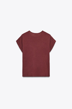 ZARA ФУТБОЛКА В СТИЛЕ РУСТИК С КОРОТКИМИ РУКАВАМИ, ВИННЫЙ