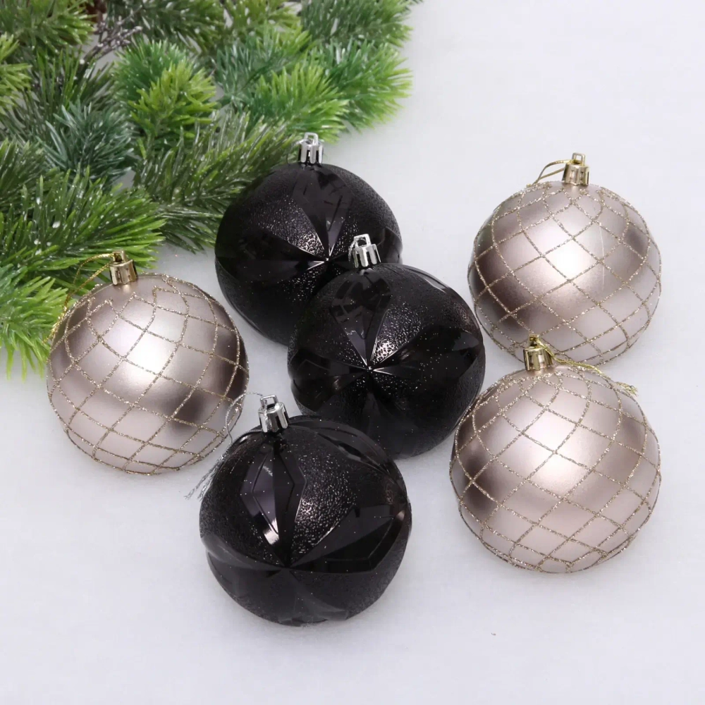 Новогодние шары «Снежный вальс» 8 см (набор 6 шт), Черный/Шампань