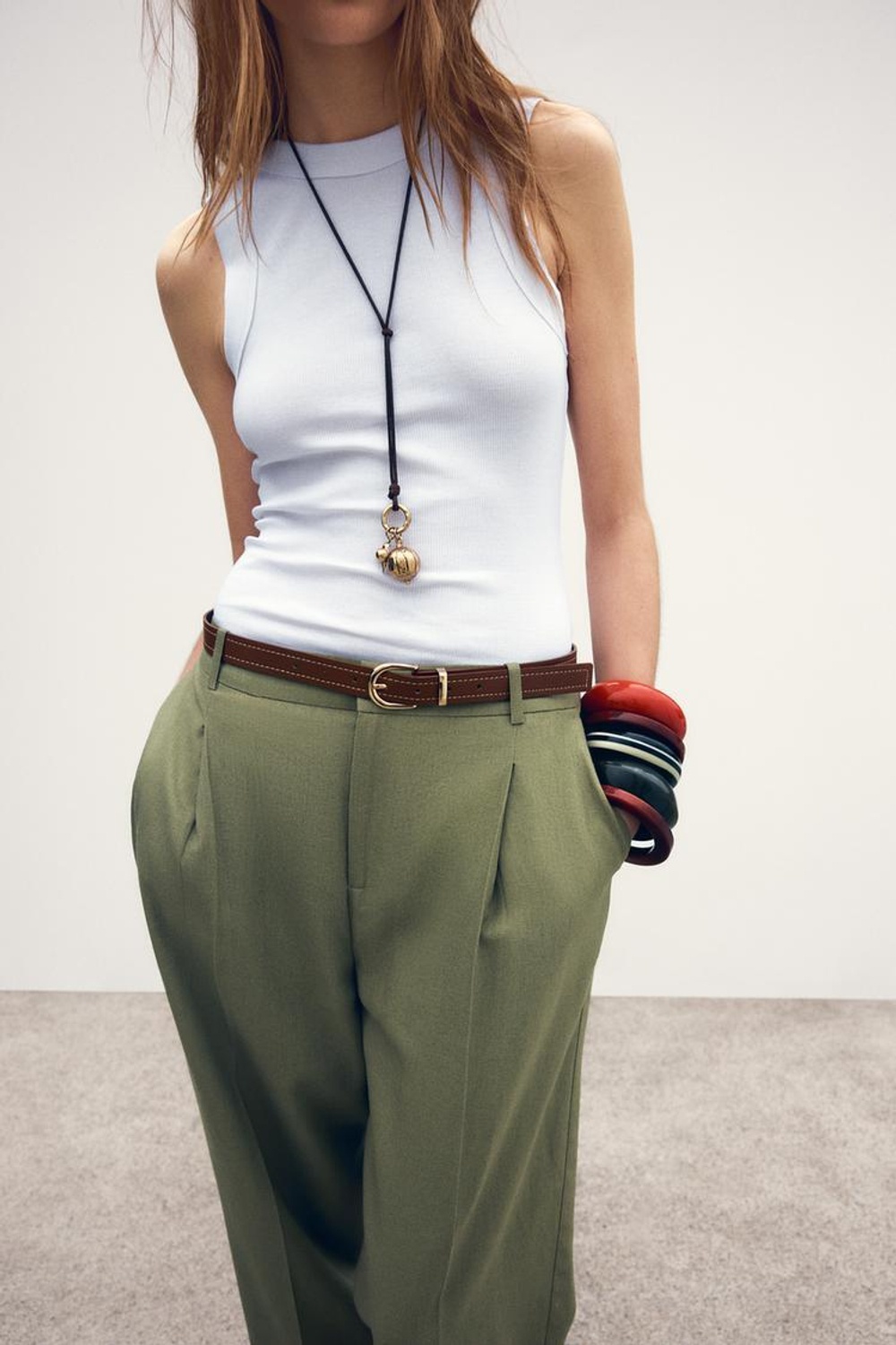 ZARA БРЮКИ ПРЯМОГО КРОЯ ИЗ СМЕСОВОГО ЛЬНА С РЕМНЕМ, СВЕТЛЫЙ ХАКИ