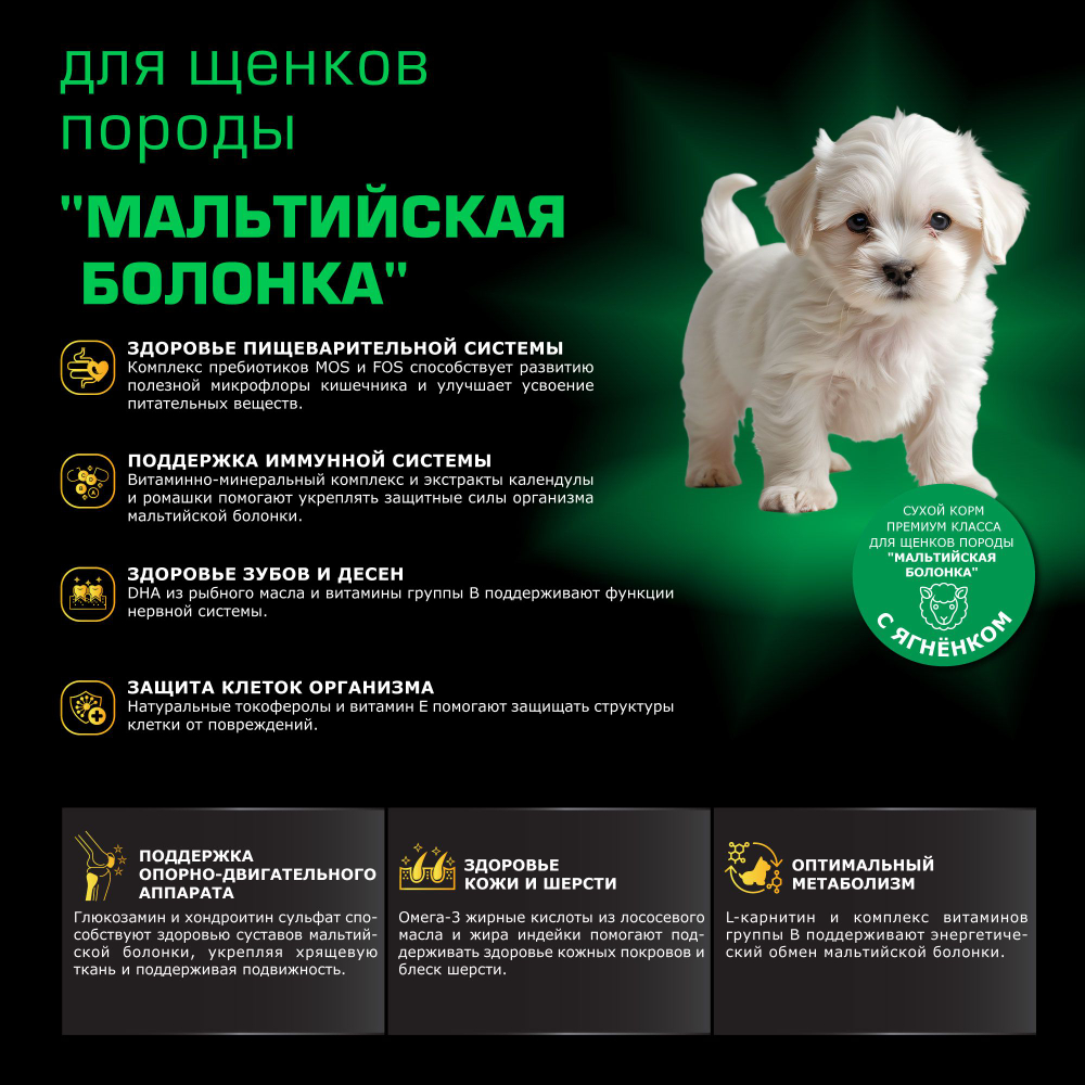 Корм сухой для щенков породы Мальтийская болонка, премиум полнорационный комплекс, с ягненком, 800 гр, QUATTRO