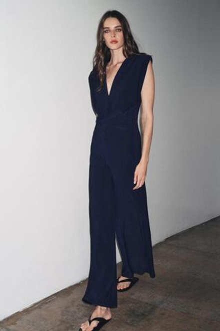 ZARA ДЛИННЫЙ КОМБИНЕЗОН С ПОДПЛЕЧНИКАМИ И ДРАПИРОВКОЙ, МОРСКОЙ СИНИЙ