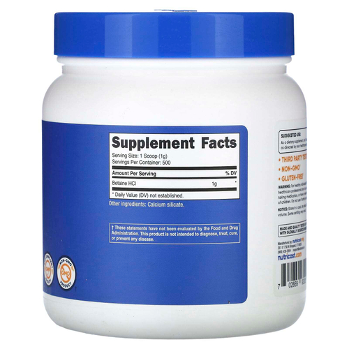 Nutricost, бетаин гидрохлорид, без добавок, 507 г (1,1 фунта)