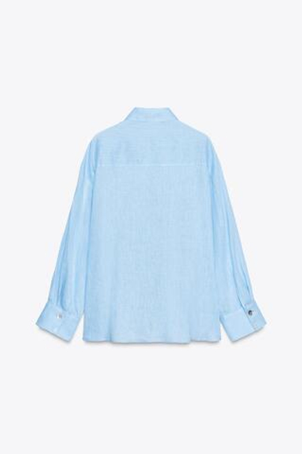ZARA РУБАШКА ИЗ 100% ЛЬНА С КОМБИНИРОВАННЫМИ ПУГОВИЦАМИ, НЕБЕСНО-ГОЛУБОЙ