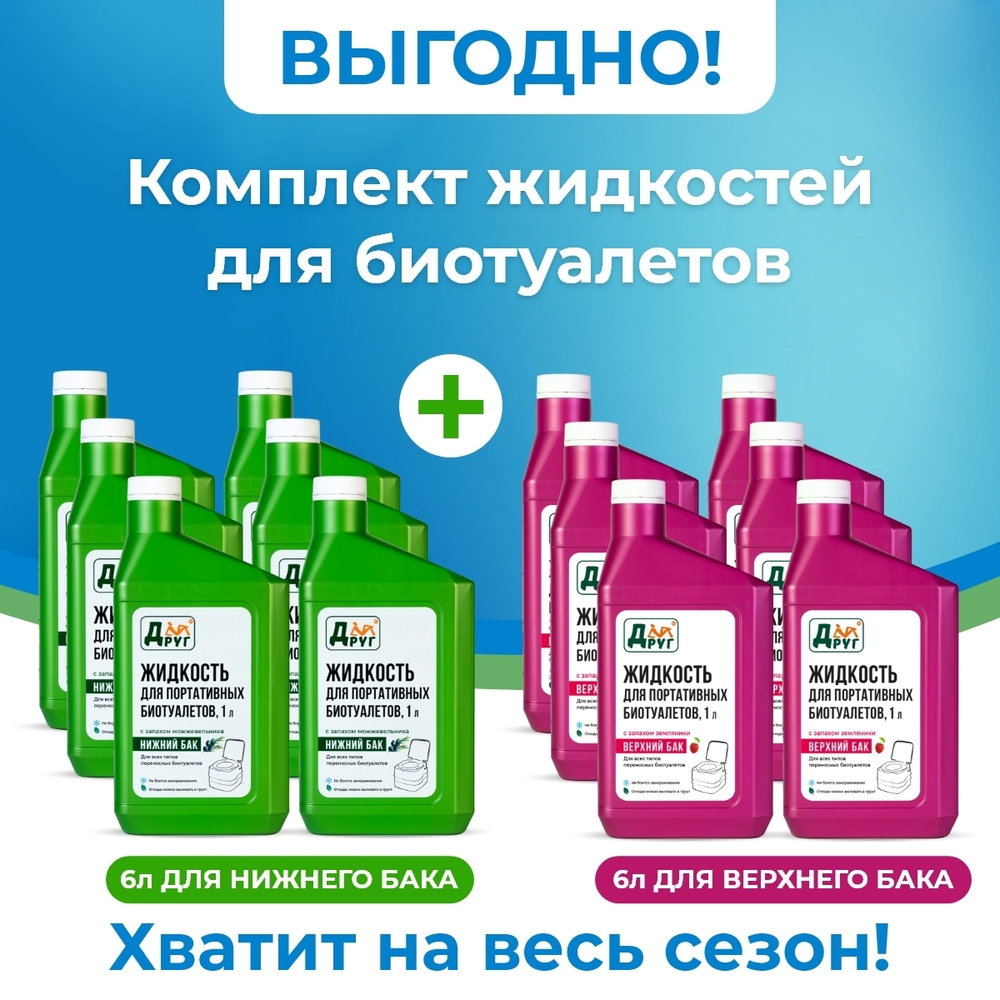 Комбо-комплект жидкостей для биотуалета ТМ ДРУГ 6 х 1 л (зелёная) + 6 х 1 л (розовая)