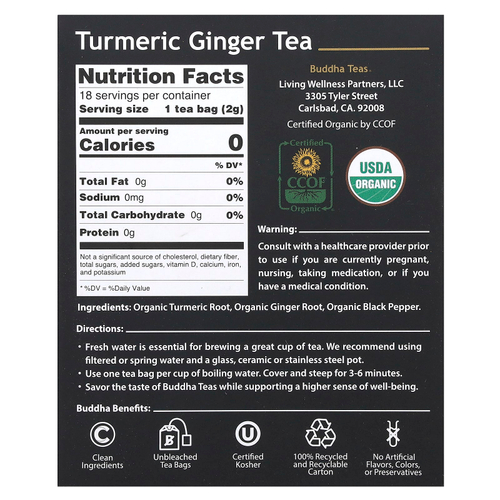 Buddha Teas, Organic Herbal Tea, куркума и имбирь, без кофеина, 18 чайных пакетиков, 36 г (1,27 унции)