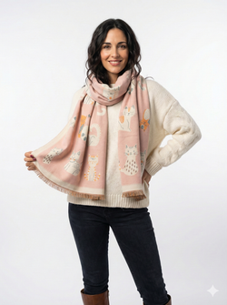 Двусторонний женский шарф с котятами, экокашемир, розовый, Китай