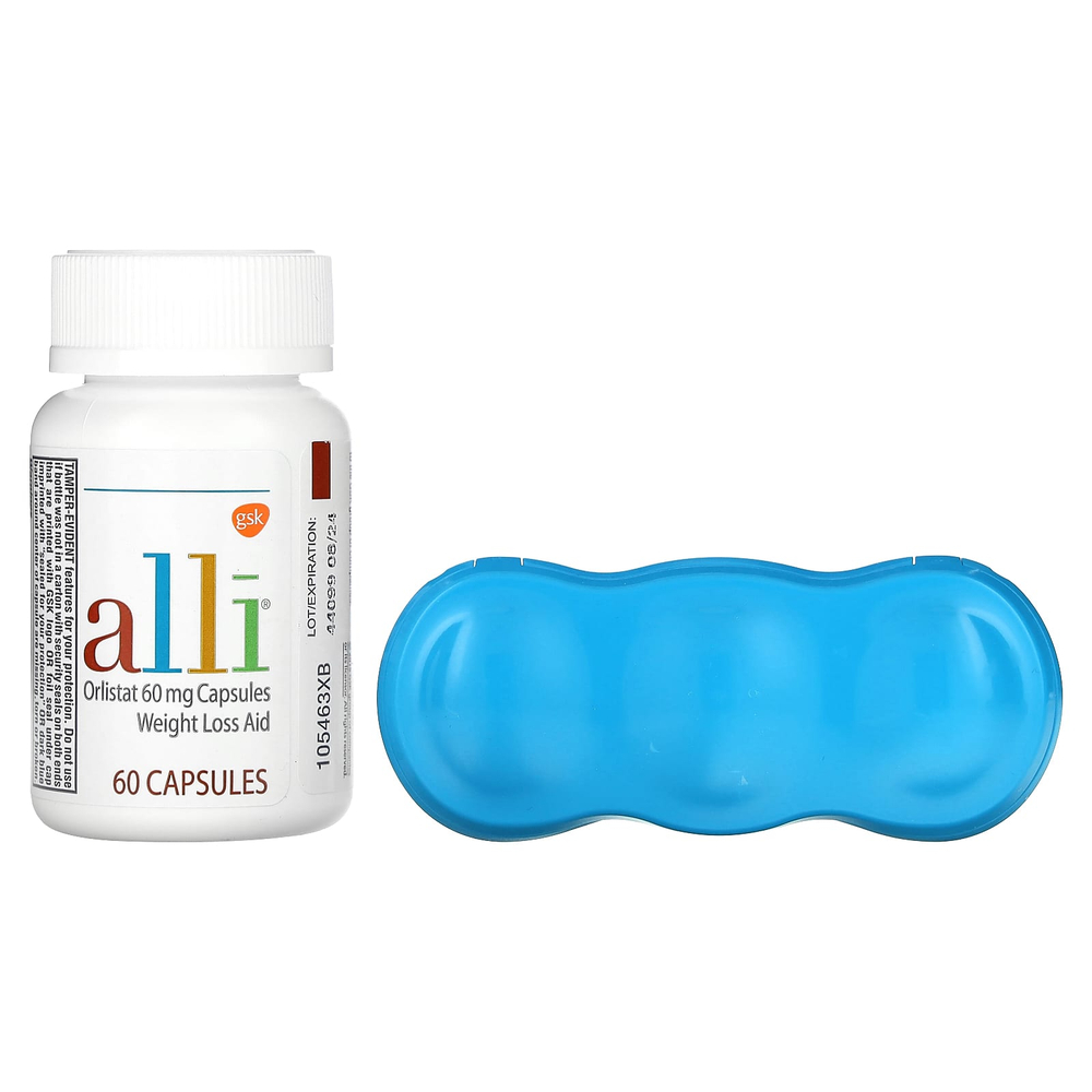 Alli, Орлистат, средство для снижения веса, стартовый пакет, 60 мг, 60 капсул