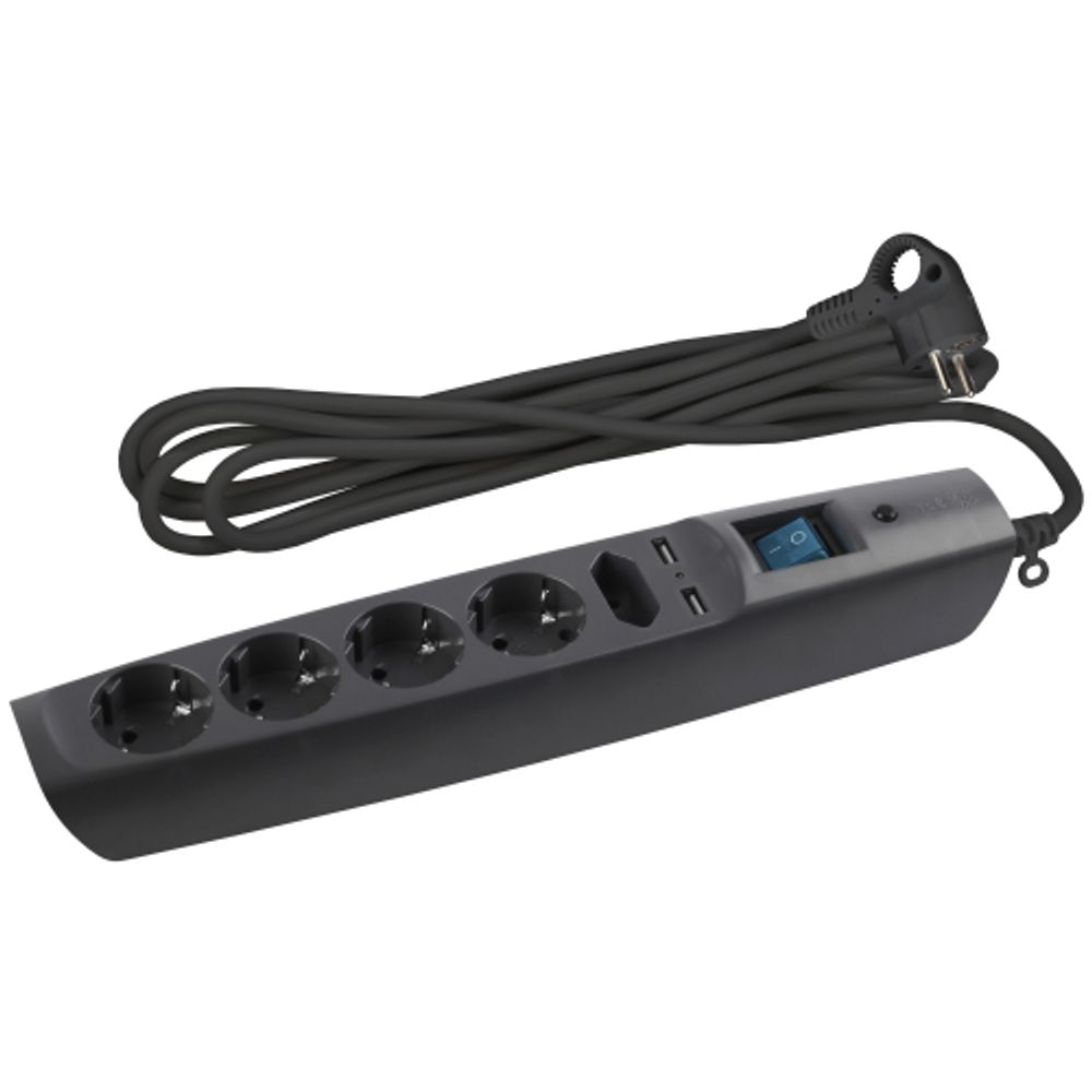 Сетевой фильтр ЭРА SFU-5es-2m-B с надежной защитой с заземлением с выключателем 5 розеток 2м 2xUSB 10А черный