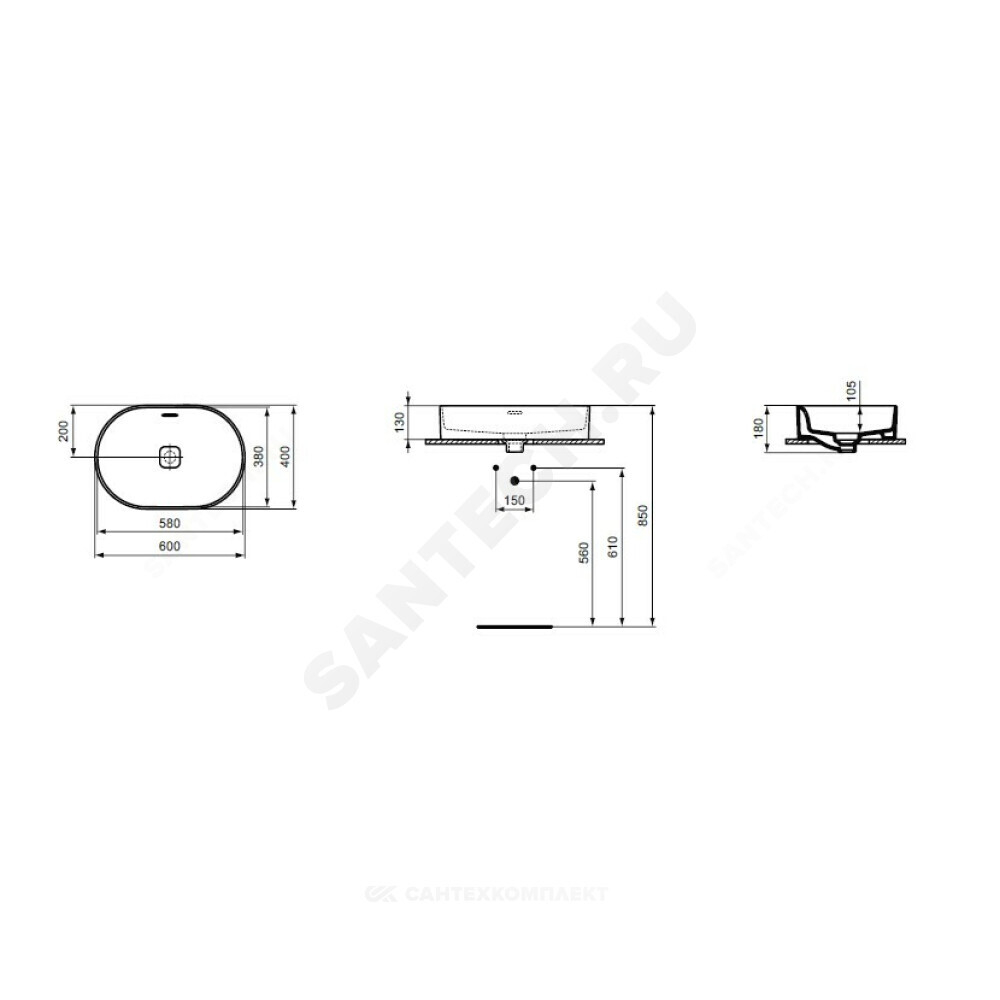 Умывальник мебельный STRADA II Oval Vessel 60 без отверстия под смеситель Ideal Standard T360401