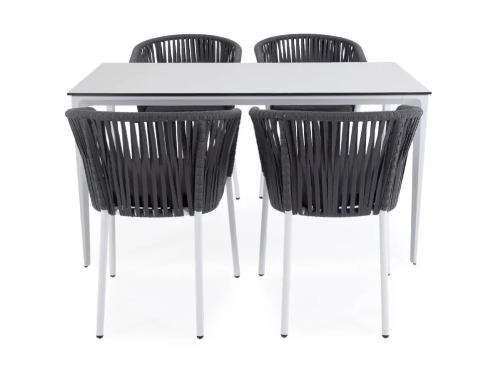 "Малага" обеденная группа на 4 персоны со стульями "Бордо", каркас белый, роуп серый