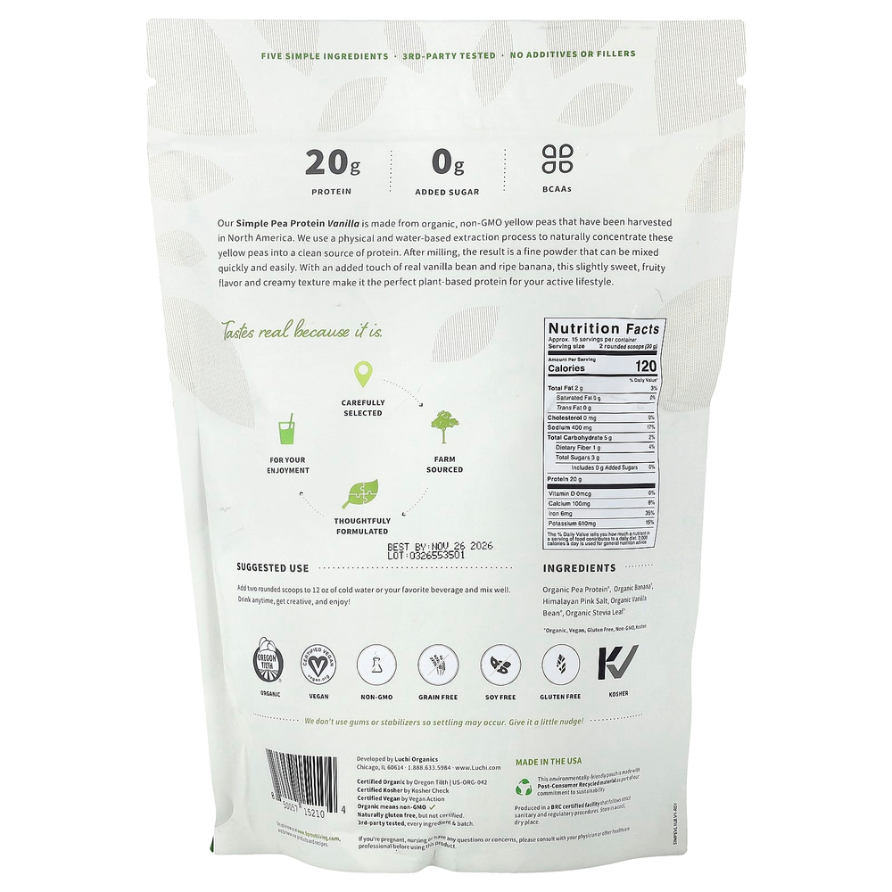 Sprout Living, простой гороховый протеин, со вкусом ванили, 454 г (1 фунт)